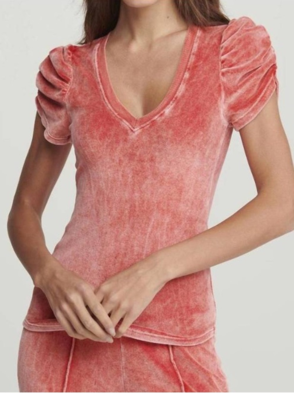 Sundays Velour Geneve Tee Shirt Washed Red Ruched Puff Sleeve V-Neck Loungewear